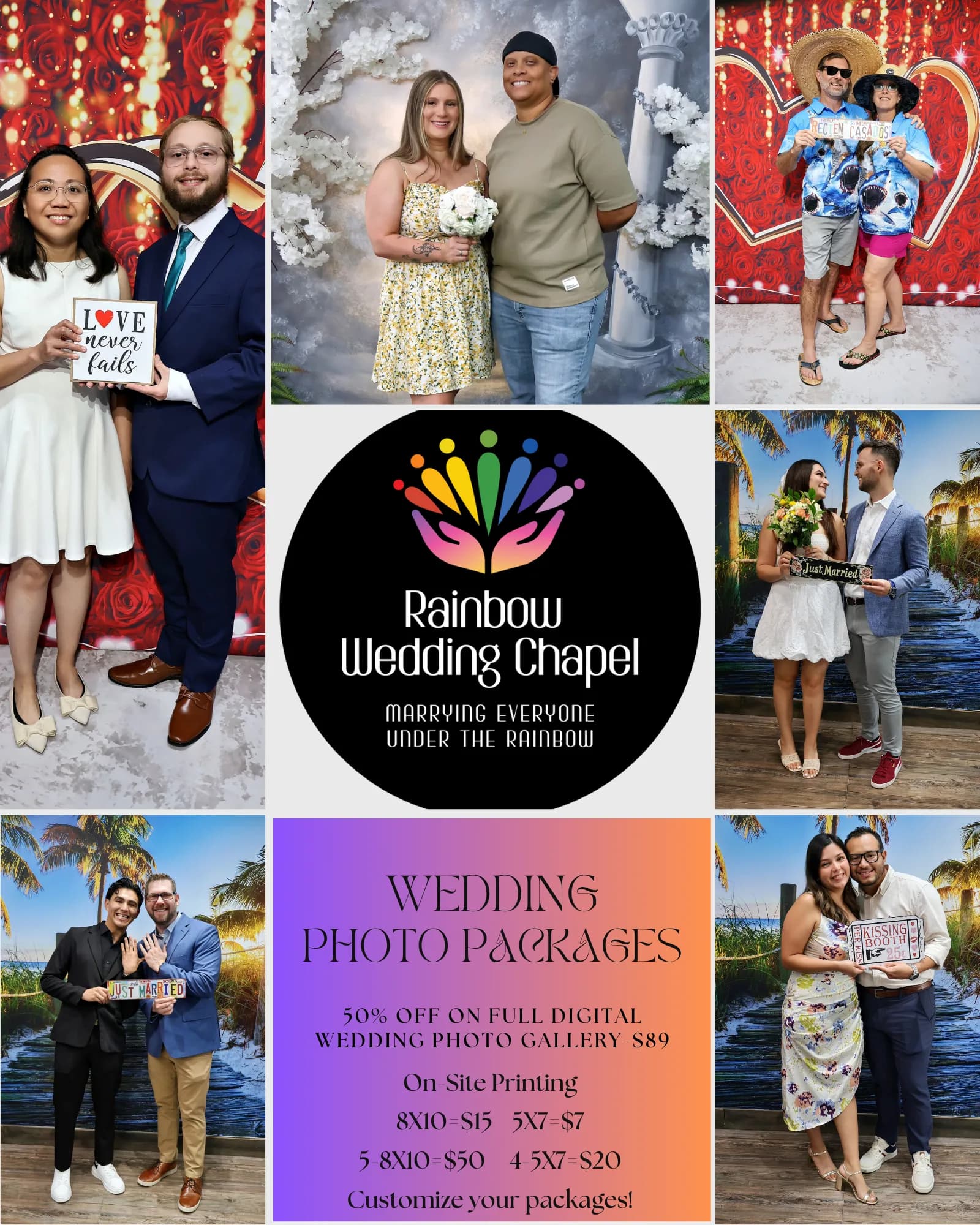 Wedding photo packages flyer from Rainbow Wedding Chapel — 50% off the full digital wedding photo gallery at $89, with on-site print pricing